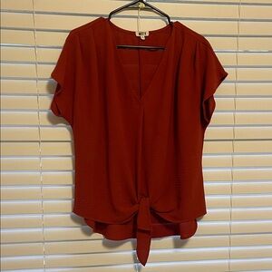 Elegant Burnt Red V-Neck Flowy Blouse with Tie-Front